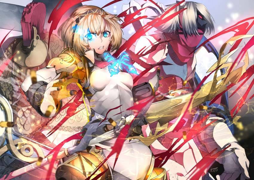 1boy 2girls aegis aegis_(persona) armor athena_(megami_tensei) blonde_hair blue_eyes clenched_teeth dual_persona hairband helmet highres light_trail looking_at_viewer multiple_girls omo_(utakatadice) orpheus persona polearm spear teeth weapon