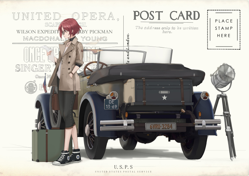 1girl absurdres american_flag arknights bag black_footwear black_pants brown_coat car chinese_commentary choker cjmy coat commentary_request cross cross_necklace english_text exusiai_(arknights) glasses ground_vehicle hand_in_pocket handbag highres holding holding_paper jewelry license_plate motor_vehicle necklace pants paper postcard redhead searchlight shirt short_hair solo standing suitcase wheel white_shirt
