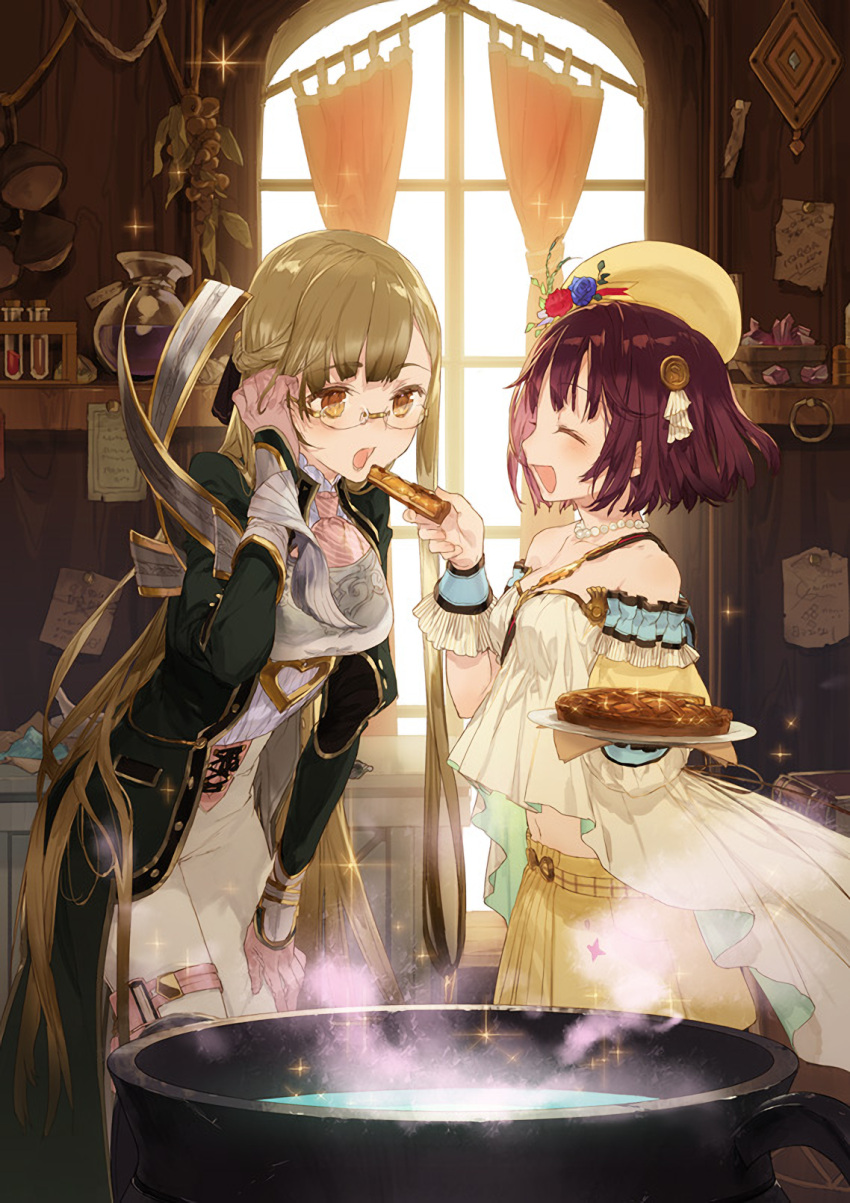 2girls ^_^ atelier_(series) atelier_sophie beret brown_eyes brown_hair cauldron closed_eyes feeding flower glasses gloves hair_lift hair_ornament hairpin half_updo hand_on_ear hand_on_own_knee hat highres jewelry leaning_forward light_brown_hair long_hair midriff monika_ellmenreich multiple_girls navel necklace official_art open_mouth pants pearl_necklace pie redhead short_hair skirt smile sophie_neuenmuller takekono very_long_hair wrist_cuffs