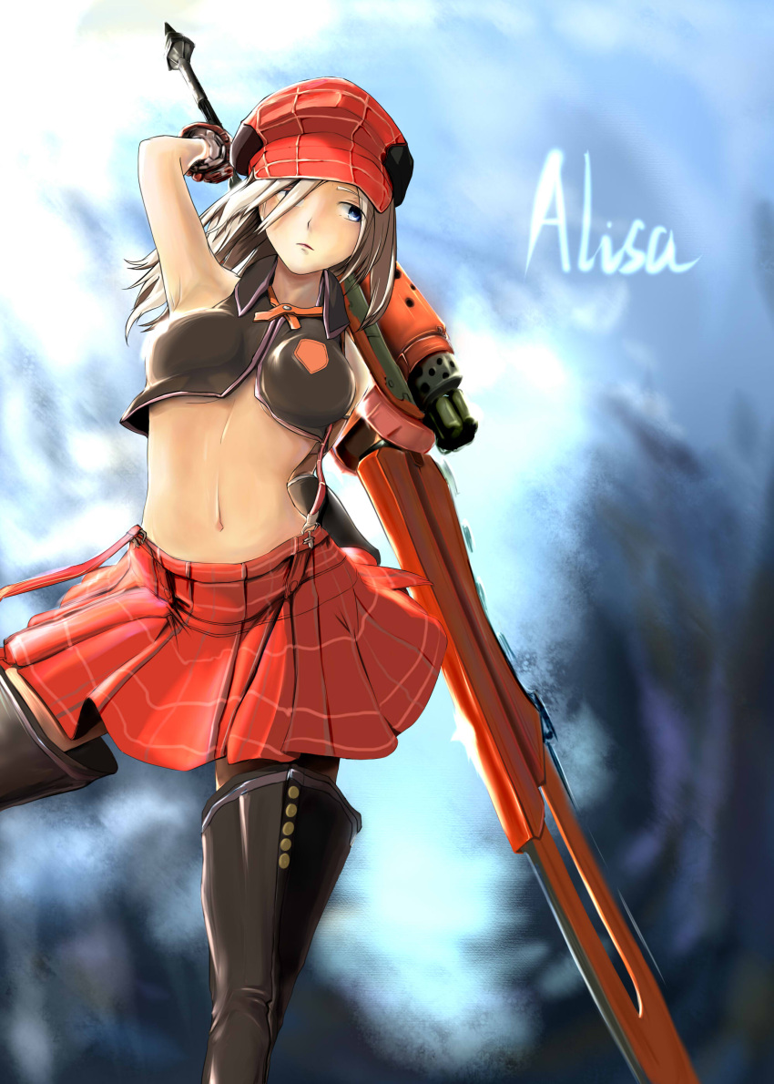 absurdres alisa_ilinichina_amiella arm_up armpits blue_eyes boots cabbie_hat elbow_gloves fingerless_gloves gloves god_eater hat highres huge_weapon long_hair looking_at_viewer no_bra open_clothes open_shirt pantyhose shirt silver_hair skirt suspender_skirt suspenders sword thigh-highs thigh_boots weapon