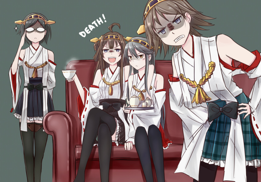 4girls angry bare_shoulders boots brown_hair commentary_request cup detached_sleeves hairband haruna_(kantai_collection) hiei_(kantai_collection) ido_(teketeke) japanese_clothes kantai_collection kirishima_(kantai_collection) kongou_(kantai_collection) long_hair looking_at_viewer multiple_girls no_legwear nontraditional_miko open_mouth revision short_hair skirt teacup teapot thigh-highs thigh_boots