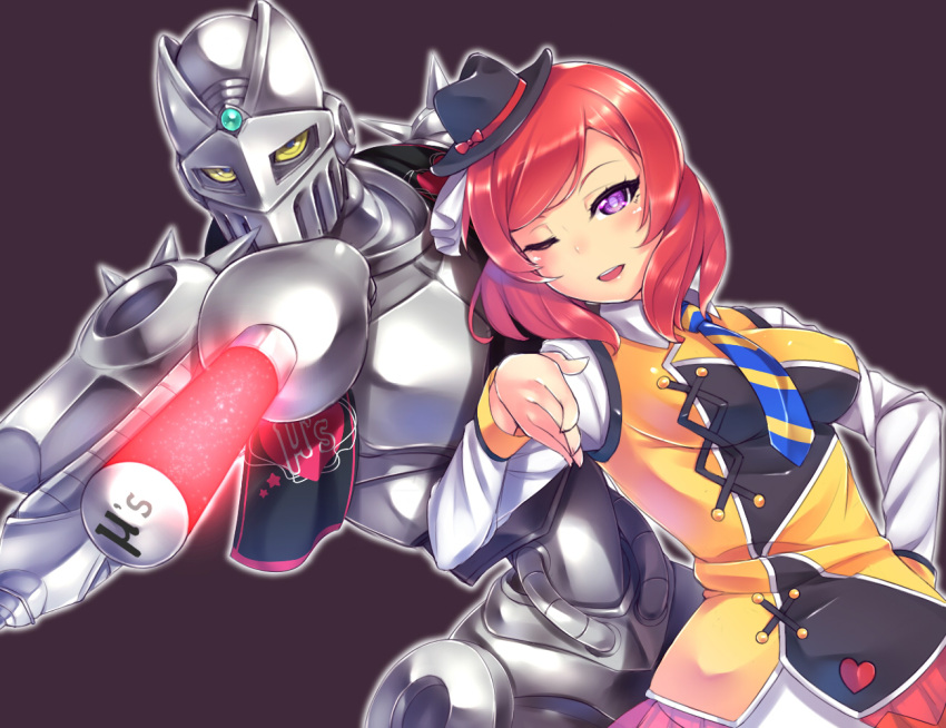1girl armor breasts commentary_request crossover gacchu glowing glowing_sword glowing_weapon hat heart jojo_no_kimyou_na_bouken jojo_pose long_sleeves looking_at_viewer love_live!_school_idol_project nishikino_maki one_eye_closed open_mouth parody pose rapier redhead short_hair silver_chariot simple_background skirt stand_(jojo) sunny_day_song sword vest violet_eyes weapon yellow_eyes