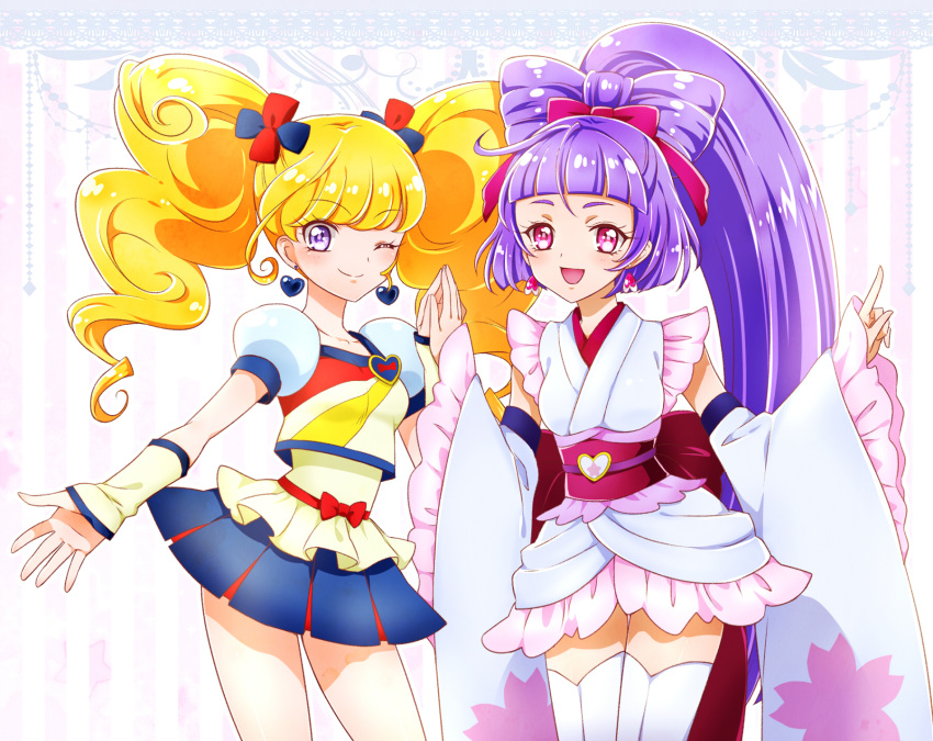 2girls :d anmitsu_komachi asahina_mirai blonde_hair blue_skirt bow cosplay cowboy_shot cure_fortune cure_fortune_(cosplay) cure_honey cure_honey_(cosplay) cure_magical cure_miracle detached_sleeves earrings hair_bow hands_together happinesscharge_precure! heart heart_earrings highres izayoi_liko jewelry kagami_chihiro long_hair looking_at_viewer magical_girl mahou_girls_precure! multiple_girls one_eye_closed open_mouth pink_bow pink_eyes ponytail popcorn_cheer precure purple_hair red_bow skirt smile standing thigh-highs twintails violet_eyes white_legwear white_skirt wrist_cuffs