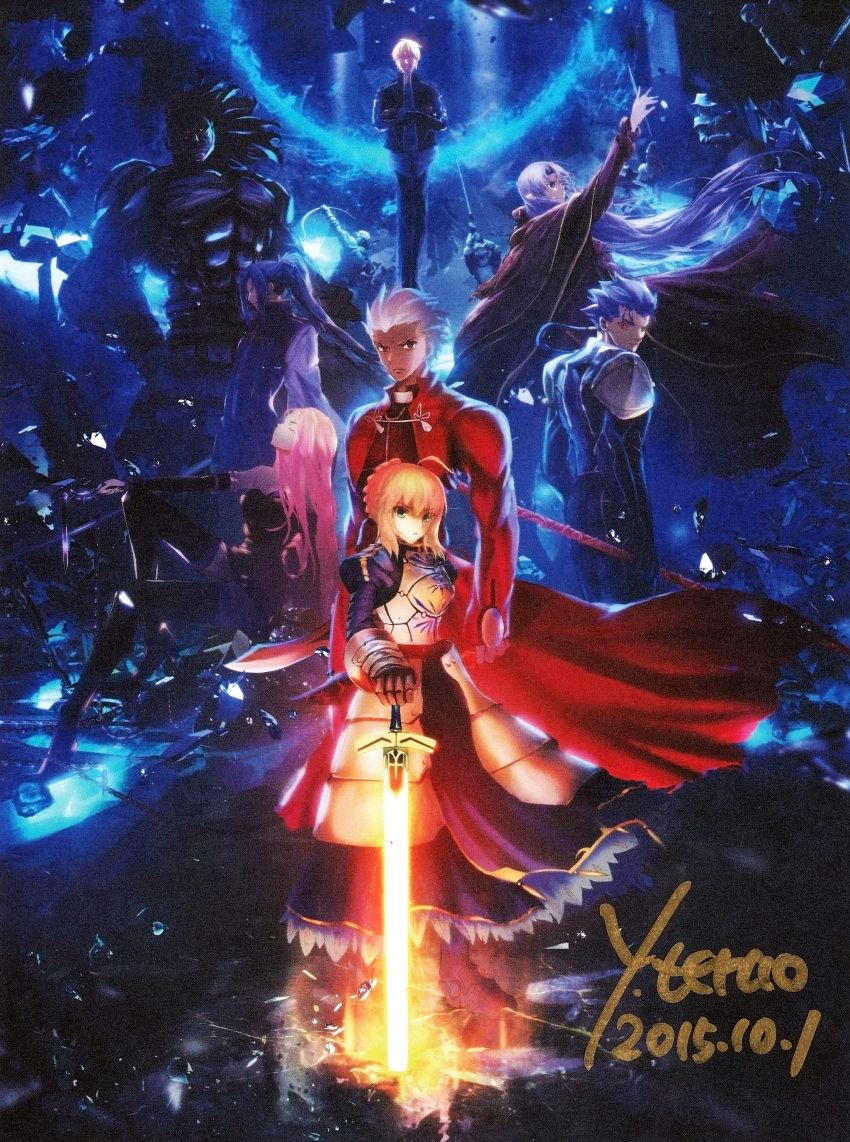 3girls 5boys absurdres archer assassin_(fate/stay_night) berserker caster fate/stay_night fate_(series) gilgamesh highres lancer multiple_boys multiple_girls official_art rider saber scan scan_artifacts signature tagme ufotable