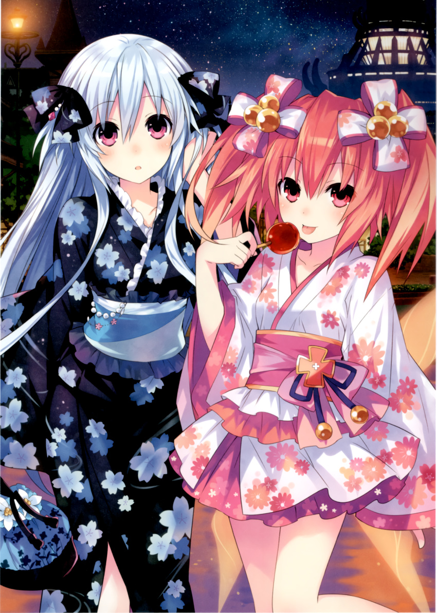 2girls absurdres alyn_(fairy_fencer_f) blush bow candy_apple fairy_fencer_f floral_print frills hairband highres japanese_clothes kimono long_hair looking_at_viewer multiple_girls red_eyes redhead ribbon smile tiara_(fairy_fencer_f) tongue tongue_out tsunako twintails white_hair yukata