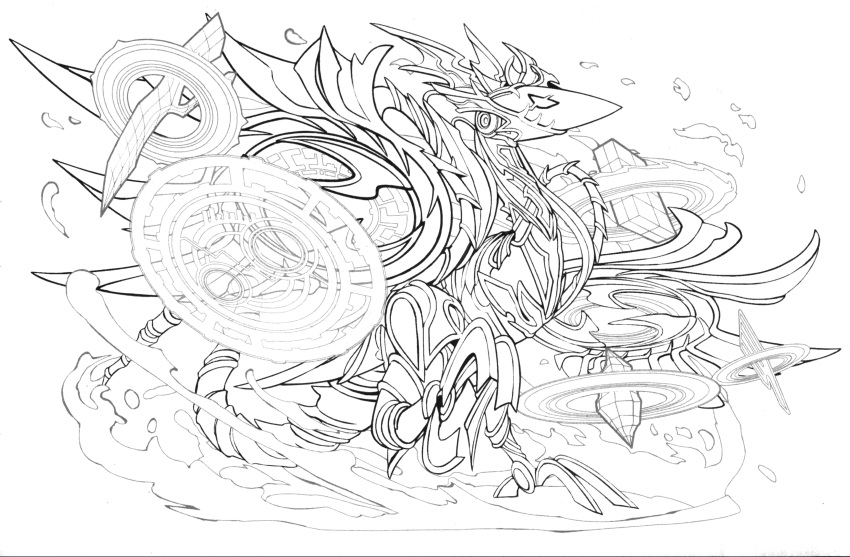 absurdres dragon highres lineart monochrome official_art puzzle_&amp;_dragons wings