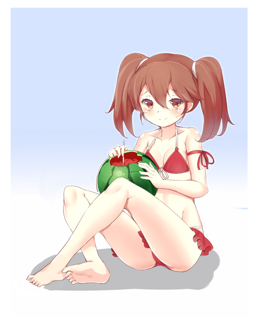 1girl bikini breasts brown_eyes collarbone food fruit full_body highres indian_style kantai_collection looking_at_viewer ootsuki_momiji red_bikini revision ryuujou_(kantai_collection) sitting smile solo swimsuit twintails watermelon