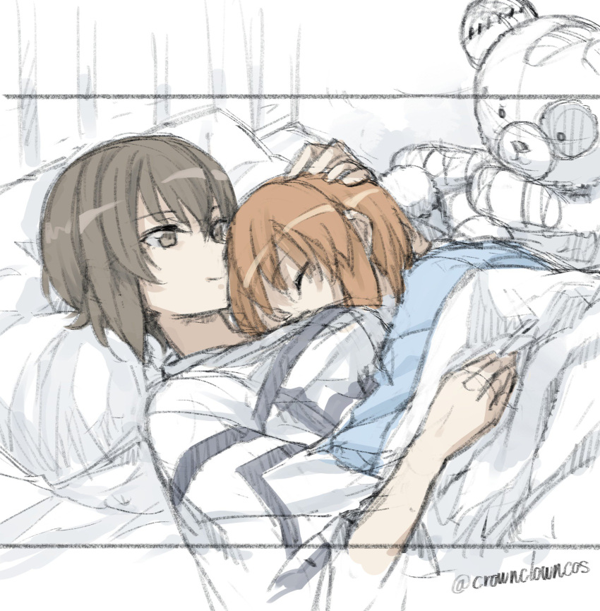 2girls bandages brown_eyes brown_hair cosmic_(crownclowncosmic) girls_und_panzer hand_on_another's_head highres multiple_girls nishizumi_maho nishizumi_miho pillow siblings sisters sketch sleeping smile stuffed_animal stuffed_toy teddy_bear twitter_username