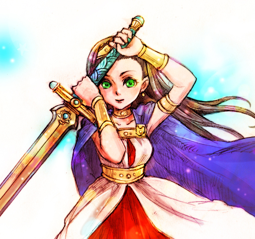 1girl armlet bracelet brown_hair cape choker circlet dragon_quest dragon_quest_viii dress earrings green_eyes highres huge_weapon jewelry long_hair medea rio-sout solo sword weapon