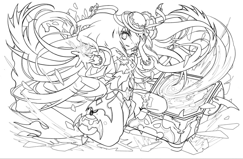 1girl absurdres highres lineart monochrome official_art pandora_(p&amp;d) puzzle_&amp;_dragons