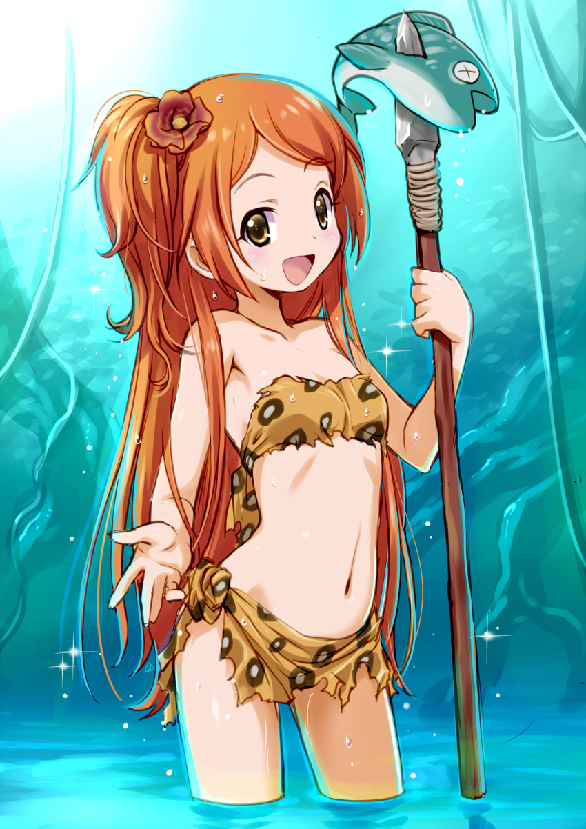 1girl absurdres bare_shoulders blush brown_eyes brown_hair commentary_request fish flower hair_flower hair_ornament highres idolmaster idolmaster_million_live! leopard_print loincloth long_hair looking_at_viewer mercy_rabbit midriff navel one_side_up oogami_tamaki open_mouth polearm smile solo spear strapless tubetop wading water weapon wet