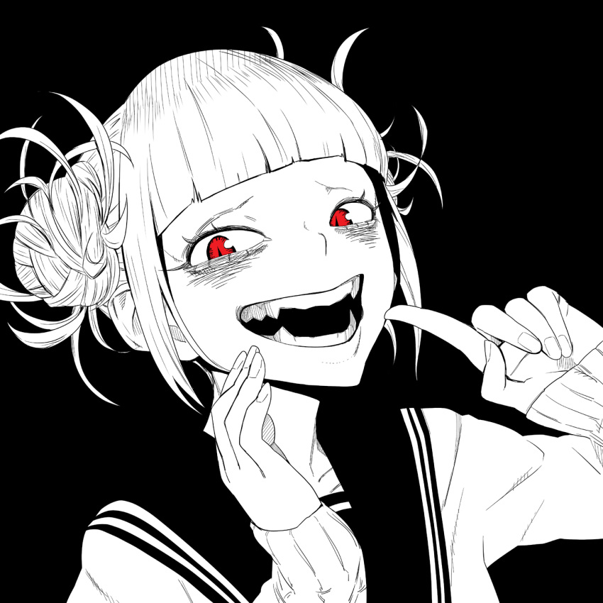 bags_under_eyes bangs blunt_bangs boku_no_hero_academia commentary_request double_bun fangs hand_on_own_face highres index_finger_raised looking_at_viewer red_eyes school_uniform serafuku sidelocks sleeves_past_wrists slit_pupils smile spot_color tocky toga_himiko