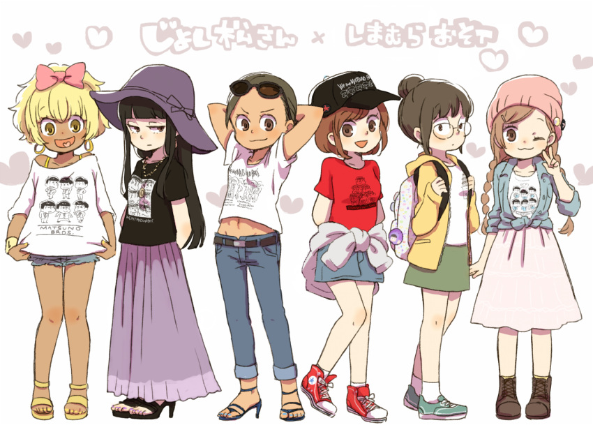6+girls :d ;3 alternate_costume arms_behind_back arms_up backpack badge bag bangs baseball_cap belt black_eyes black_hair black_hat black_shirt black_shoes blonde_hair blue_nails blue_pants blue_shorts blue_skirt blunt_bangs blush boots bow braid brown_boots brown_eyes brown_hair button_badge casual character_print choroko_(osomatsu-san) closed_mouth clothes_around_waist clothes_writing cross-laced_footwear dark_skin earrings front-tie_top full_body ganguro glasses hair_bow hair_bun hair_ornament hairclip hat heart heart_in_mouth high_heels hood hood_down hooded_jacket hoop_earrings ichiko_(osomatsu-san) jacket jewelry juushiko_(osomatsu-san) karako_(osomatsu-san) knees_together_feet_apart lace-up_boots legs_apart light_frown lineup long_hair long_skirt long_sleeves looking_at_viewer matsuno_choromatsu matsuno_ichimatsu matsuno_juushimatsu matsuno_karamatsu matsuno_osomatsu matsuno_todomatsu miniskirt multiple_girls nail_polish navel necklace off-shoulder_shirt open_clothes open_jacket open_mouth osoko_(osomatsu-san) osomatsu-san pants pants_rolled_up pendant pink_bow pink_hat pink_skirt ponytail print_shirt purple_bow purple_hat purple_nails purple_skirt red_shirt red_shoes shade shirt shoes short_hair short_shorts short_sleeves shorts sidelocks skirt sleeves_pushed_up smile sneakers socks standing stomach sunglasses sunglasses_on_head sweater_around_waist t-shirt thigh_gap todoko_(osomatsu-san) toenail_polish twin_braids twintails unzipped v white_background white_legwear white_shirt wristband yellow_eyes yellow_nails yellow_shoes yukke