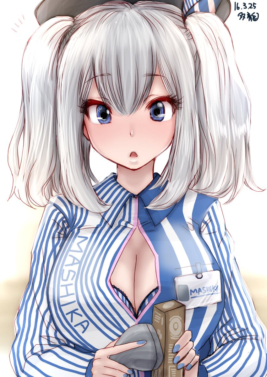 beret blue_bra blue_eyes blue_nails bra breasts cleavage employee_uniform hat highres kantai_collection kashima_(kantai_collection) lawson nail_polish name_tag open_clothes scanner silver_hair souryu twintails underwear uniform