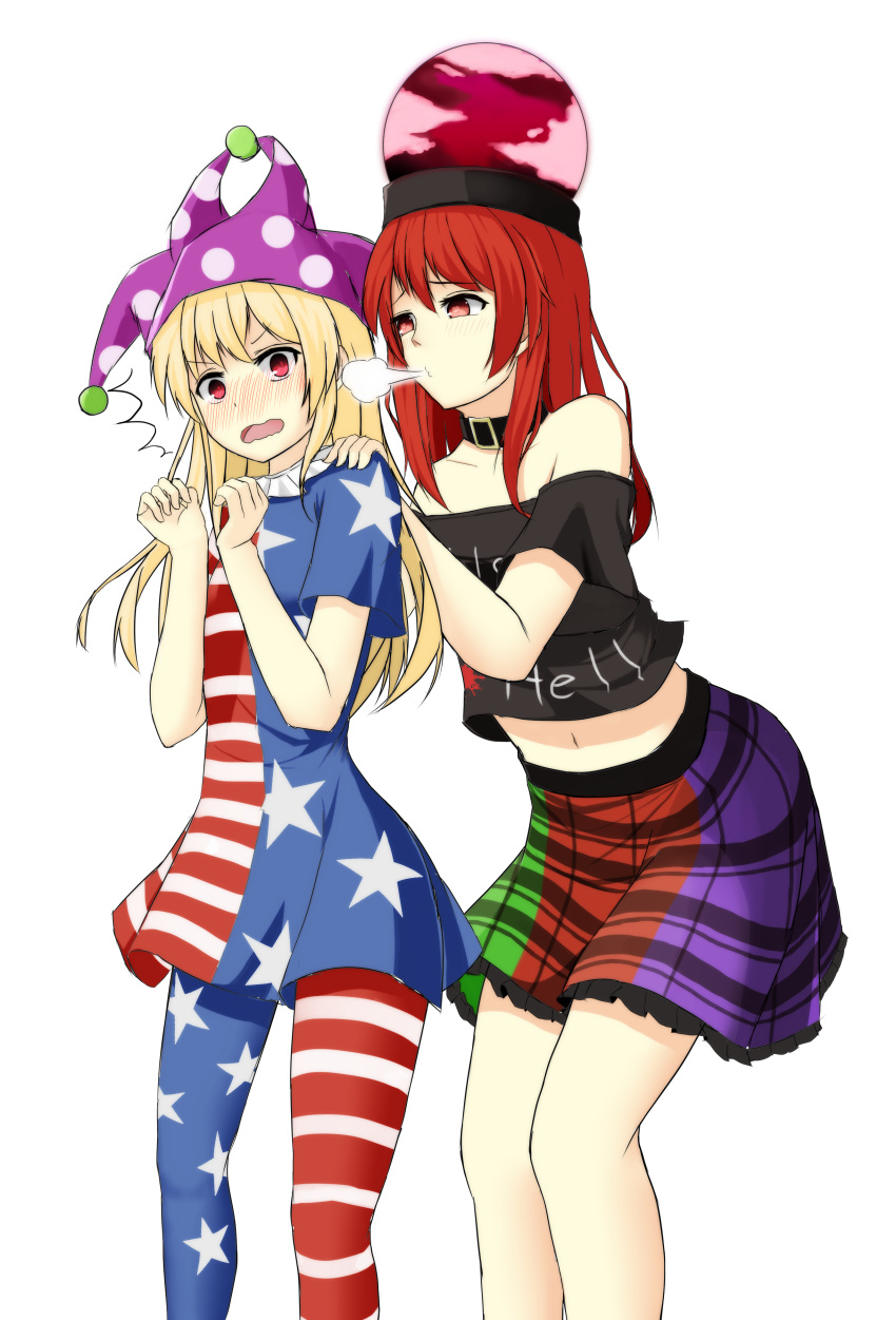 2girls absurdres american_flag_legwear american_flag_shirt black_hair blowing_in_ear blush clothes_writing clownpiece collar frilled_skirt frills hat hecatia_lapislazuli highres jester_cap leaning_forward leaning_on_person legs long_hair multicolored_skirt multiple_girls navel off-shoulder_shirt ozu_(agito100001) pantyhose plaid plaid_skirt red_eyes redhead shirt short_sleeves simple_background skirt surprised thighs touhou white_background