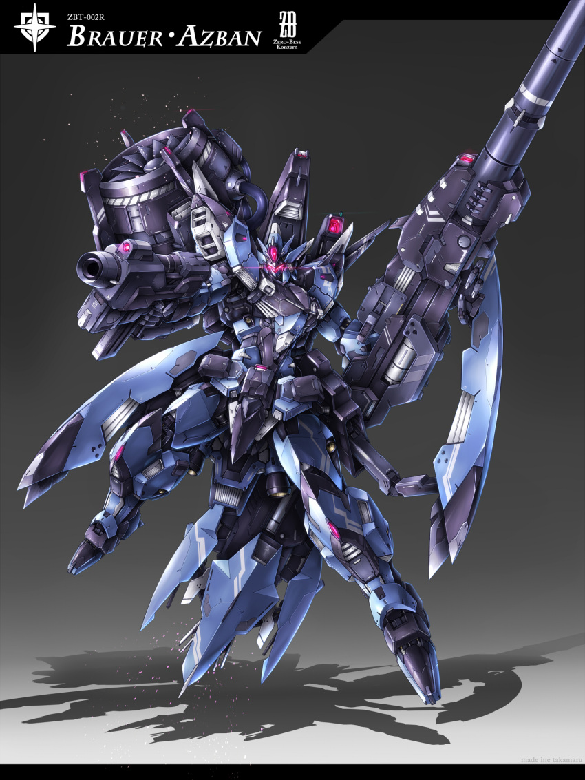 cannon cartridge dual_wielding exhaust fighting_stance flying glowing glowing_eyes gradient gradient_background gun highres looking_at_viewer machinery magazine_(weapon) mecha no_humans original pixiv_robot_wars_v science_fiction scope shadow shield simple_background solo takamaru tiltrotor weapon