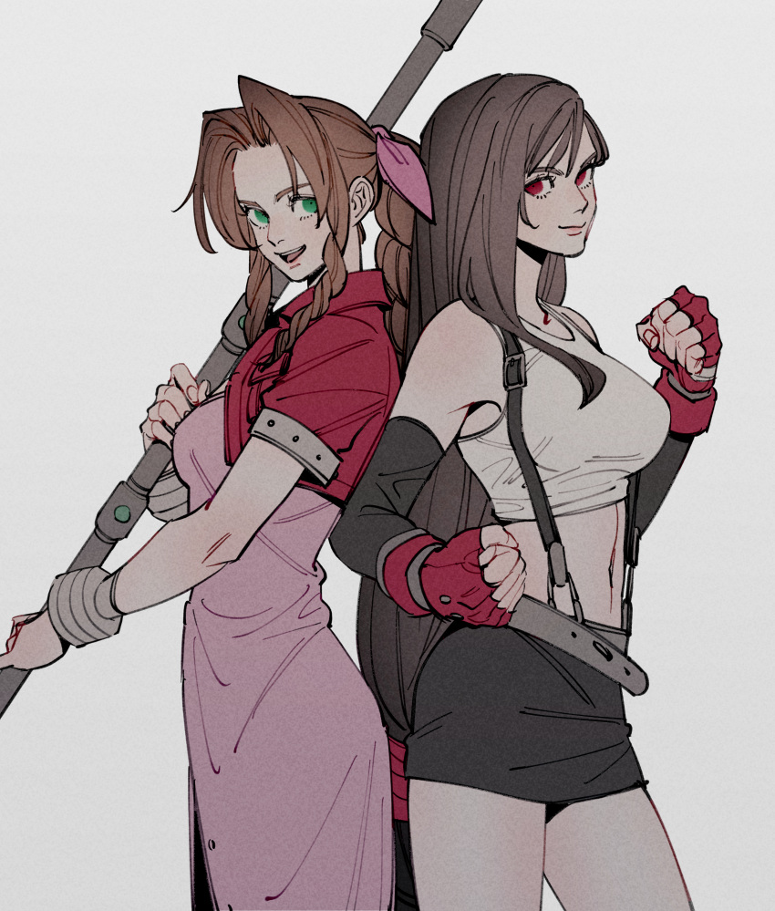 2girls absurdres aerith_gainsborough back-to-back black_hair black_skirt brown_hair clenched_hands crop_top cropped_jacket dress elbow_gloves final_fantasy final_fantasy_vii fingerless_gloves gloves highres jacket materia midriff multiple_girls oimkimn pink_dress red_jacket simple_background skirt staff suspenders tank_top tifa_lockhart