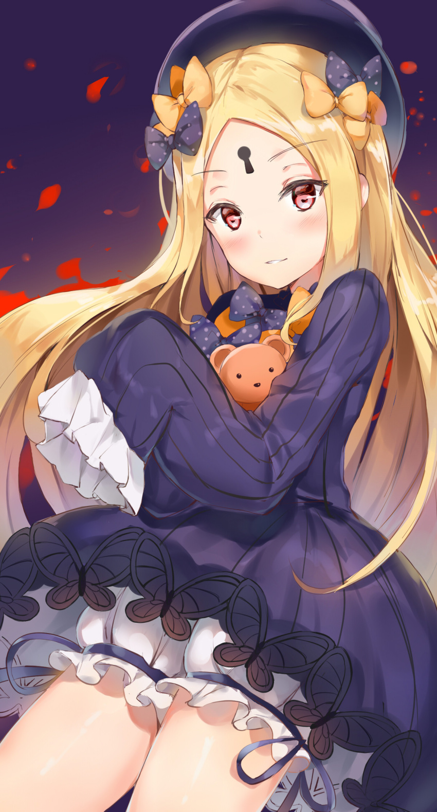 1girl abigail_williams_(fate/grand_order) absurdres bangs black_bow black_dress black_hat blonde_hair bloomers bow butterfly dress eyebrows_visible_through_hair fate/grand_order fate_(series) ginn_(hzh770121) hair_bow hat head_tilt highres keyhole long_hair long_sleeves looking_at_viewer object_hug orange_bow parted_bangs parted_lips polka_dot polka_dot_bow red_eyes sleeves_past_wrists smile solo stuffed_animal stuffed_toy teddy_bear underwear very_long_hair white_bloomers