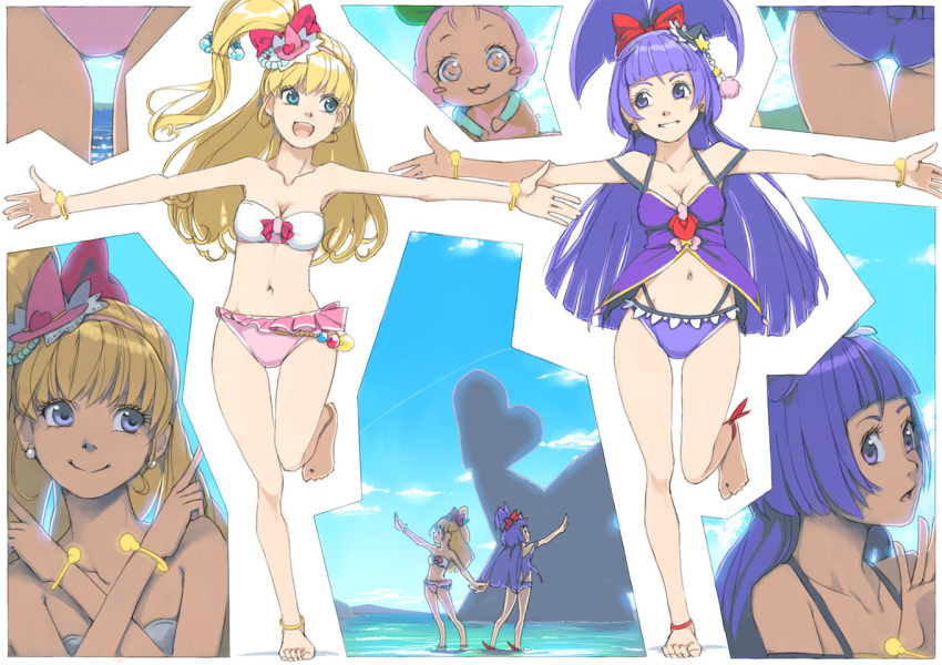 3girls :d akinbo_(hyouka_fuyou) asahina_mirai ass bangs bikini blonde_hair blue_eyes blue_hair blunt_bangs blush_stickers bracelet breasts character_request cleavage cure_miracle earrings grin hair_ornament hat jewelry long_hair looking_at_another mahou_girls_precure! multiple_girls navel open_mouth outstretched_arms precure side_ponytail smile swimsuit teeth