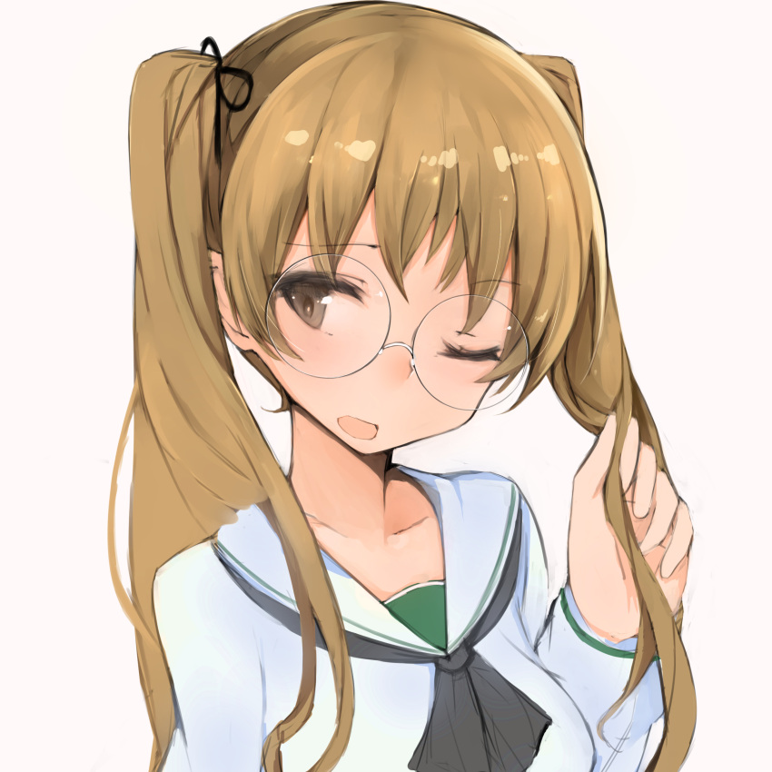 1girl absurdres blush brown_eyes brown_hair girls_und_panzer glasses hand_in_hair highres long_hair looking_to_the_side muoto one_eye_closed oono_aya open_mouth school_uniform serafuku twintails