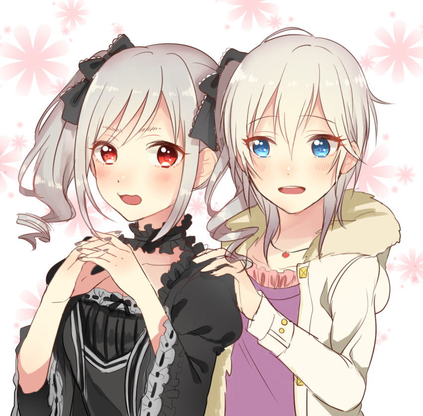 2girls anastasia_(idolmaster) behind_another black_bow black_dress black_nails blue_eyes bow choker coat commentary_request dress drill_hair eyelashes floral_background fur-lined_jacket fur_trim gothic_lolita grey_hair hair_bow hand_on_another's_shoulder hushimi-nanodesu idolmaster idolmaster_cinderella_girls interlocked_fingers jewelry kanzaki_ranko lolita_fashion looking_to_the_side multiple_girls nail_polish necklace purple_shirt red_eyes shirt silver_hair t-shirt twintails wavy_mouth white_coat