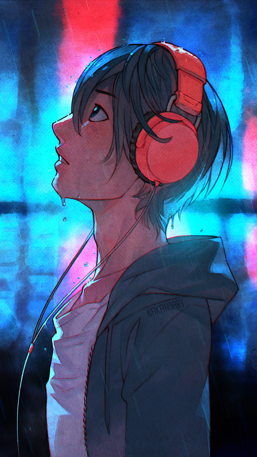 1boy :o black_hair blush cable collarbone denim dripping expressionless free! from_side hair_between_eyes headphones highres jacket jeans long_sleeves looking_afar looking_up male_focus nakanoart nanase_haruka_(free!) open_clothes open_jacket pants parted_lips profile shirt solo t-shirt teeth unzipped upper_body water water_drop wet wet_clothes wet_hair wet_jacket wet_shirt wet_t-shirt white_shirt