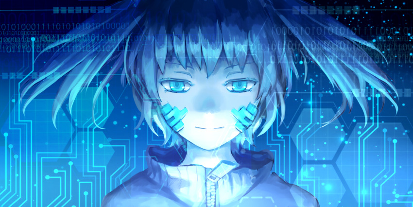1girl aoiakamaou binary blue_eyes blue_hair closed_mouth ene_(kagerou_project) facial_mark gradient gradient_background highres honeycomb_background kagerou_project looking_at_viewer monochrome short_hair smile solo twintails