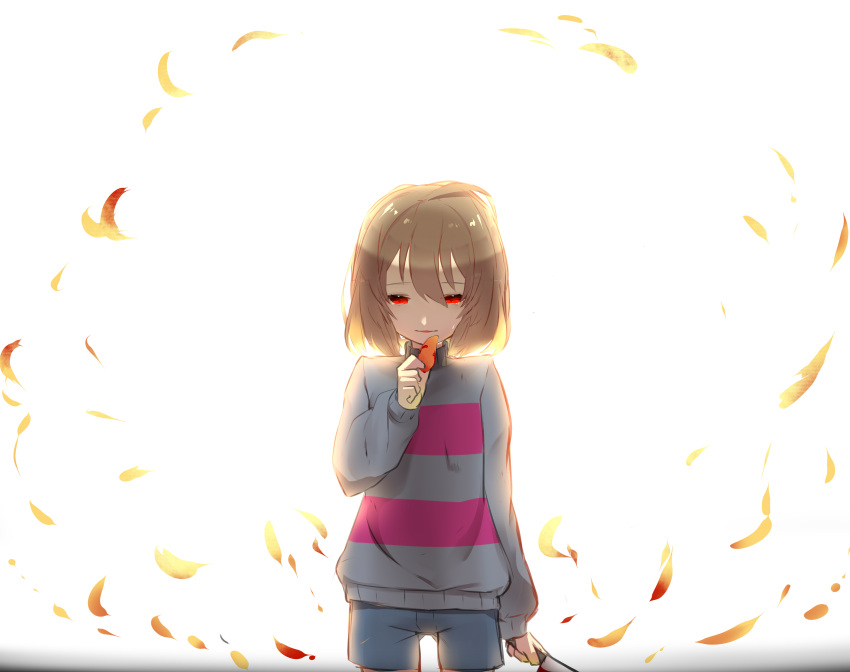absurdres androgynous backlighting blood bloody_knife bloody_weapon brown_hair chara_(undertale) cowboy_shot dark_persona frisk_(undertale) highres knife parted_lips petals red_eyes shorts simple_background solo ss0l_(skghek) striped striped_sweater sweater tagme tears undertale weapon white_background