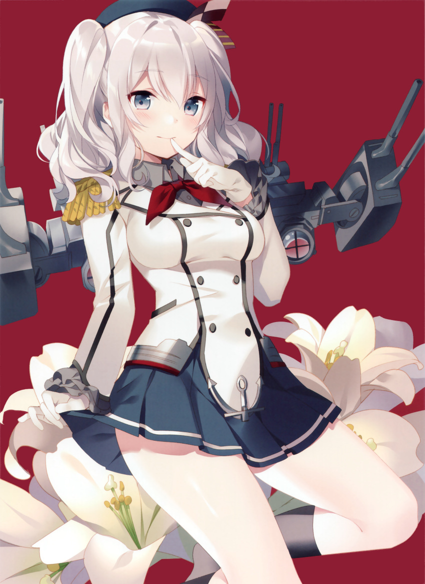 1girl absurdres blush breasts epaulettes finger_to_mouth flower gloves grey_eyes hat highres kantai_collection kashima_(kantai_collection) kneehighs lily_(flower) red_background rigging riv silver_hair skirt skirt_lift smile solo