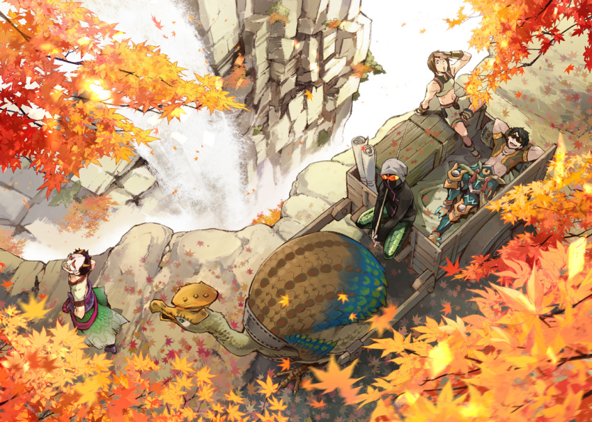 4boys :o arm_pillow arm_support armor arms_up aromahot autumn_leaves black_hair boots box brown_hair carriage creature crop_top crossover eoheoh falling_leaves fb777 from_above gargwa hands_on_hips japanese_clothes kikkun-mk-ii leaf long_sleeves looking_at_viewer lying m.s.s_project male_focus maple_leaf midriff monster_hunter motion_blur multiple_boys on_back oni_mask outdoors pants ryuuta_(ipse) scales scroll shading_eyes short_sleeves shorts sitting smile stick sunglasses sunlight tree turtle v_arms vehicle water waterfall wooden_box zinogre_(armor)