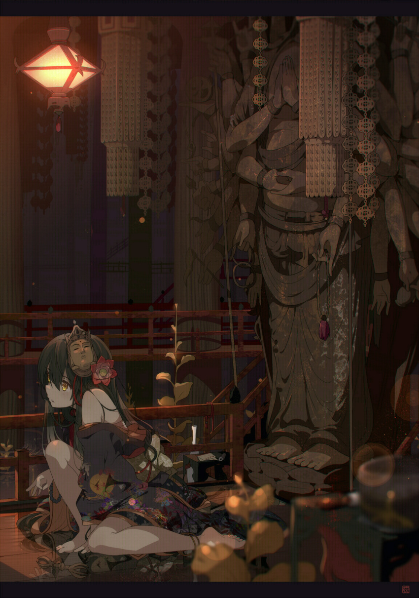 1girl anklet bare_shoulders barefoot black_hair floral_print flower hair_flower hair_ornament highres japanese_clothes jewelry kimono lantern long_hair long_sleeves multiple_arms obi off_shoulder ogipote original pillar sash sitting solo statue yellow_eyes