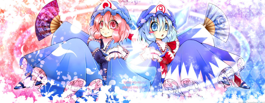 (9) 2girls blue_dress blue_eyes blue_hair blush_stickers bow cherry_blossoms cirno commentary_request cosplay dress fan hat highres hitodama ice ice_wings japanese_clothes kimono long_sleeves mob_cap multiple_girls obi open_mouth petals pink_eyes pink_hair red_bow red_ribbon ribbon saigyouji_yuyuko saigyouji_yuyuko's_fan_design saigyouji_yuyuko_(cosplay) sash short_hair smile spring_(season) touhou triangular_headpiece wide_sleeves wings winter youna.a