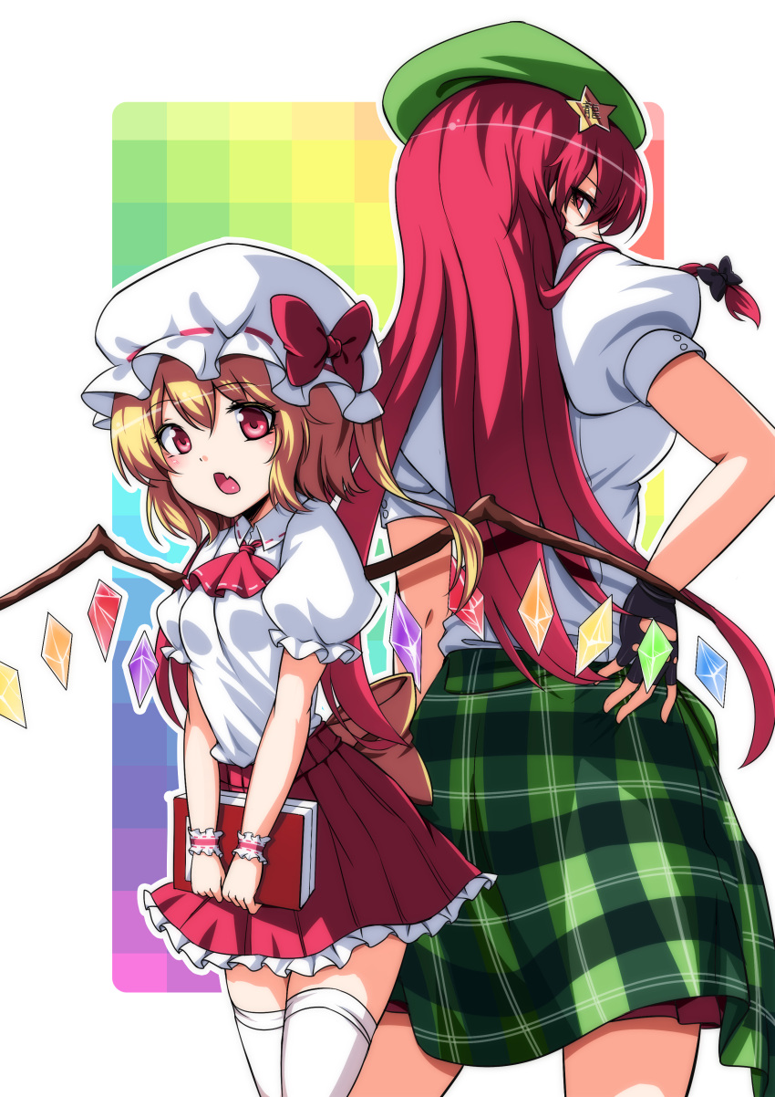2girls :o absurdres alternate_costume alternate_eye_color arm_at_side back-to-back bangs black_bow black_gloves blonde_hair book bow braid collared_shirt cowboy_shot crystal eyebrows eyebrows_visible_through_hair fang fingerless_gloves flandre_scarlet frilled_sleeves frills gloves green_hat green_skirt hair_bow hair_ornament hand_on_hip hat hat_bow hat_ribbon height_difference highres holding holding_book hong_meiling koissa long_hair looking_at_viewer miniskirt mob_cap multiple_girls one_side_up plaid plaid_skirt pleated_skirt puffy_short_sleeves puffy_sleeves red_eyes red_skirt redhead ribbon ribbon-trimmed_collar ribbon_trim rounded_corners shirt short_hair short_sleeves skirt star star_hair_ornament thigh-highs touhou v_arms white_legwear white_shirt wings wrist_cuffs