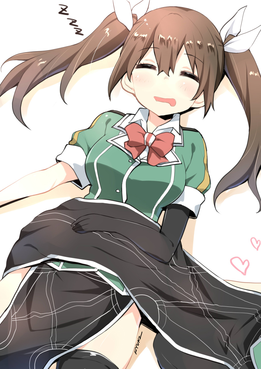 2girls absurdres artist_name black_gloves black_legwear breasts brown_hair buttons chikuma_(kantai_collection) closed_eyes drooling gloves hair_between_eyes hair_ribbon heart highres kantai_collection long_hair lying multiple_girls on_back open_mouth out_of_frame pelvic_curtain remodel_(kantai_collection) ribbon ryuki_(ryukisukune) seiza short_sleeves single_elbow_glove single_glove single_thighhigh sitting sleeping thigh-highs tone_(kantai_collection) twintails zzz