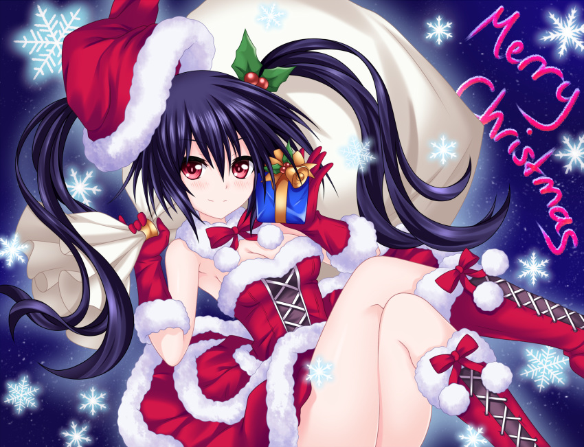 1girl armpits bare_shoulders black_hair blush boots breasts christmas cleavage detached_collar dress fur_trim gift gloves hat highres holding holding_gift long_hair looking_at_viewer medium_breasts nekologia neptune_(series) noire red_dress red_eyes red_footwear red_gloves santa_hat smile snowflakes solo strapless tubetop twintails
