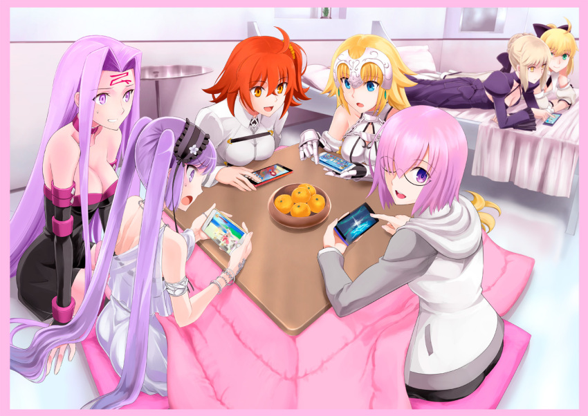 6+girls :d bed blonde_hair blue_eyes breasts cellphone cleavage euryale fate/apocrypha fate/grand_order fate/stay_night fate/unlimited_codes fate_(series) female_protagonist_(fate/grand_order) food fruit gauntlets glasses green_eyes hair_over_one_eye hood hoodie kotatsu looking_at_viewer lying mandarin_orange multiple_girls on_stomach open_mouth orange_eyes orange_hair phone pillow purple_hair rider ruler_(fate/apocrypha) saber saber_alter saber_lily shielder_(fate/grand_order) shirotsumekusa short_hair smartphone smile sweatdrop table teeth twintails violet_eyes