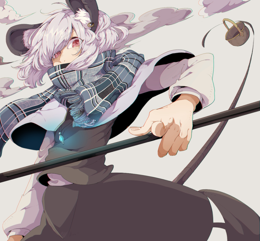 1girl animal_ears basket black_skirt capelet covered_mouth dowsing_rod dust_cloud earrings grey_hair jewelry long_sleeves looking_at_viewer mouse_ears mouse_tail namataro nazrin pendant plaid plaid_scarf red_eyes scarf short_hair skirt skirt_set solo tail touhou