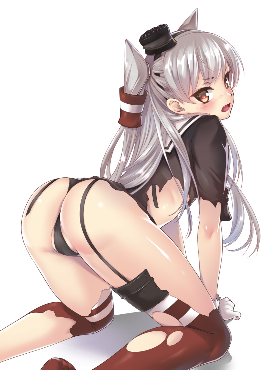 1girl all_fours amatsukaze_(kantai_collection) ass black_panties blush brown_dress brown_eyes dress fang gloves hair_tubes hairband highres kantai_collection long_hair looking_at_viewer looking_back open_mouth panties pestxsan red_legwear sailor_collar sailor_dress silver_hair simple_background single_glove solo striped striped_legwear thigh-highs torn_clothes torn_dress torn_legwear two_side_up underwear white_background white_gloves windsock