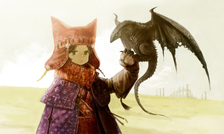 androgynous animal animal_hat animal_on_hand bangs blunt_bangs brown_eyes brown_hair claws cloak clouds cloudy_sky dragon fantasy field gloves grass hat long_sleeves looking_at_viewer matagiro monster original outdoors pillar red_scarf ruins scarf sky solo spikes tassel upper_body wings yellow_eyes