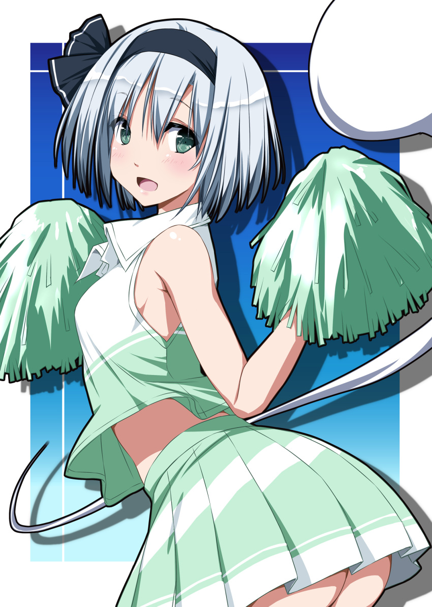 1girl :d ass bangs bare_shoulders blush cheering cheerleader eyebrows eyebrows_visible_through_hair green_eyes green_skirt hair_ribbon highres konpaku_youmu konpaku_youmu_(ghost) looking_at_viewer midriff nori_tamago open_mouth pleated_skirt pom_poms ribbon shirt short_hair silver_hair simple_background skirt sleeveless smile solo touhou