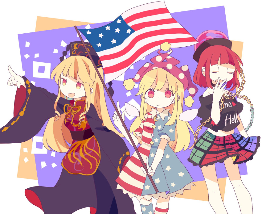 3girls alternate_costume american_flag american_flag_dress bangs bare_shoulders black_shirt blonde_hair chinese_clothes closed_eyes clownpiece collar crescent daizu_(melon-lemon) dress eyebrows fairy_wings frilled_collar frills hat hecatia_lapislazuli highres index_finger_raised jester_cap junko_(touhou) long_hair long_sleeves midriff multiple_girls off-shoulder_shirt pointing polka_dot red_eyes redhead sash shirt short_sleeves sidelocks simple_background skirt standing star tabard thigh-highs touhou white_background wide_sleeves wings yawning