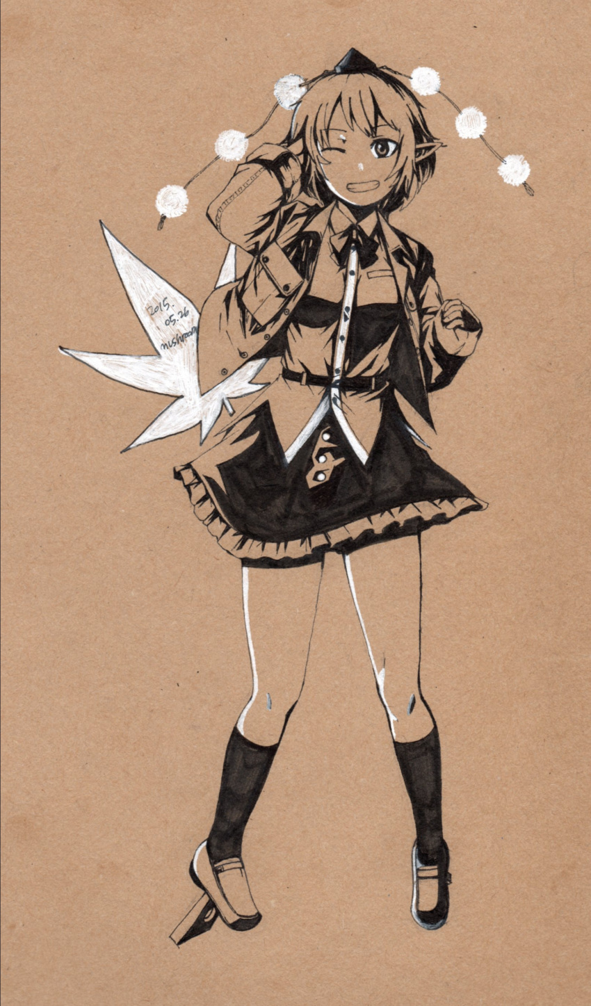 1girl absurdres artist_name brown_background buttons collared_shirt dated dress_shirt frilled_skirt frills full_body geta grin hand_in_hair hat highres jacket kneehighs leaf long_sleeves maple_leaf monochrome mushroom_(osh320) one_eye_closed open_clothes pointy_ears pom_pom_(clothes) ribbon shameimaru_aya shirt short_hair simple_background skirt smile solo spot_color tengu-geta tokin_hat touhou