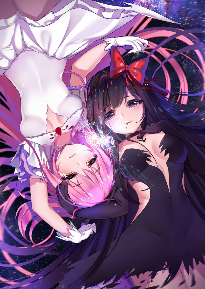 2girls absurdres akemi_homura akuma_homura arm_up bangs bare_shoulders black_dress black_gloves black_hair blurry bow breasts choker closed_mouth commentary cowboy_shot crying dark_orb_(madoka_magica) depth_of_field dress eyebrows eyebrows_visible_through_hair feathers gendo0033 gloves glowing goddess_madoka hair_bow hair_in_mouth hair_ribbon hairband hand_on_another's_head highres kaname_madoka long_hair looking_at_viewer magical_girl mahou_shoujo_madoka_magica mahou_shoujo_madoka_magica_movie multiple_girls parted_lips pink_hair purple_hair red_bow red_ribbon ribbon soul_gem space spoilers strapless streaming_tears tears two_side_up upside-down very_long_hair violet_eyes white_dress white_gloves wide_sleeves yellow_eyes