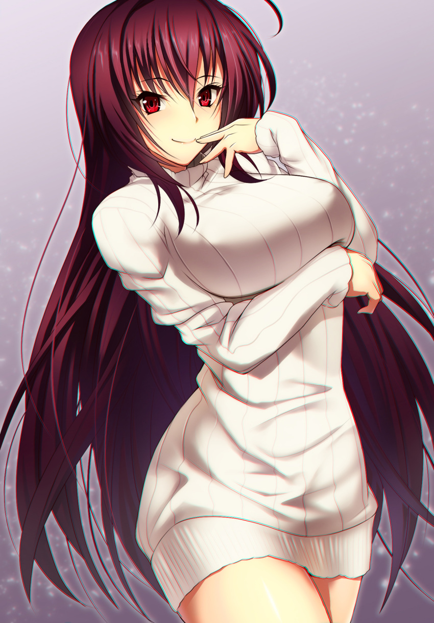1girl ahoge breast_hold breasts closed_mouth cowboy_shot dress emanon123 fate/grand_order fate_(series) finger_to_mouth highres large_breasts long_hair long_sleeves looking_at_viewer no_pants purple_hair red_eyes ribbed_sweater scathach_(fate/grand_order) shiny shiny_skin smile solo standing sweater sweater_dress thighs very_long_hair