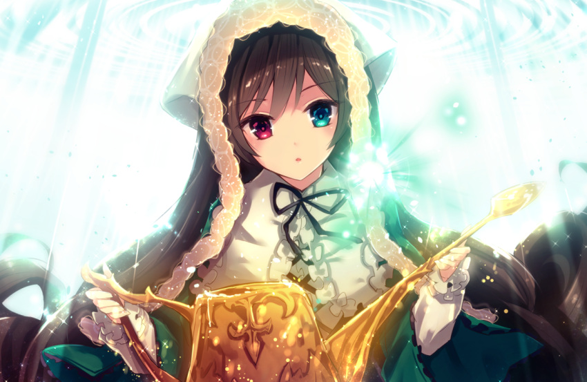 1girl black_ribbon blue_eyes bonnet brown_hair commentary_request dress face green_dress hat head_scarf heterochromia ima_(lm_ew) long_hair long_sleeves looking_at_viewer neck_ribbon open_mouth parted_lips red_eyes ribbon rozen_maiden solo suiseiseki upper_body very_long_hair watering_can