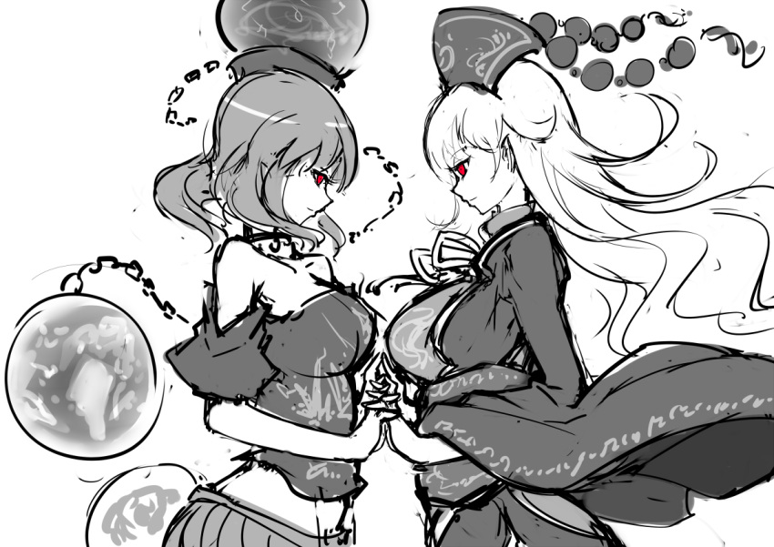 2girls bare_shoulders breasts chain chinese_clothes choker earth_(ornament) facing_another from_side greyscale hat hecatia_lapislazuli holding_hands interlocked_fingers junko_(touhou) long_hair midriff miniskirt monochrome moon_(ornament) multiple_girls off-shoulder_shirt pleated_skirt polos_crown raptor7 red_eyes robe shirt simple_background sketch skirt spot_color t-shirt touhou very_long_hair white_background