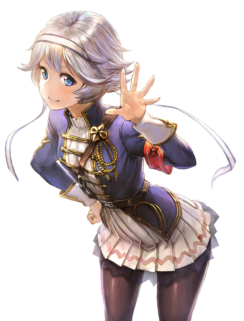 1girl ahoge aiguillette armlet belt blue_eyes blue_jacket blush brown_legwear buckle closed_mouth cowboy_shot dress farrah_(granblue_fantasy) fourragere granblue_fantasy hairband hand_on_hip highres jacket leaning_forward long_sleeves looking_at_viewer military military_uniform open_clothes open_jacket palms pantyhose pleated_dress see-through shogo_(shogo) shoulder_belt silver_hair sleeves_pushed_up smile solo spread_fingers standing tareme uniform waving white_dress