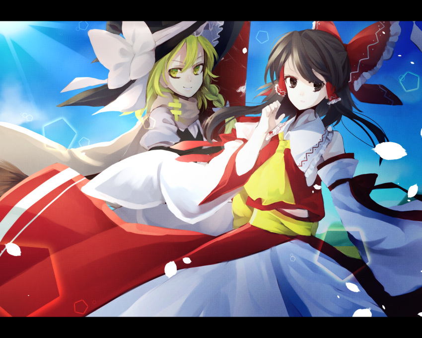 2girls adapted_costume arm_ribbon ascot black_eyes black_hair black_vest blonde_hair blue_sky bow braid clouds collar day detached_sleeves expressionless frilled_bow frilled_collar frills hair_between_eyes hair_bow hair_tubes hakurei_reimu hand_up hat hat_bow highres holding_broom kirisame_marisa layered_skirt lens_flare letterboxed light_rays looking_at_viewer midriff multiple_girls otoshiro_kosame petals puffy_short_sleeves puffy_sleeves red_shirt red_skirt ribbon scarf shirt short_hair short_sleeves single_braid skirt sky sleeveless sleeveless_shirt smile sunlight torii touhou white_shirt white_skirt wide_sleeves wind witch_hat