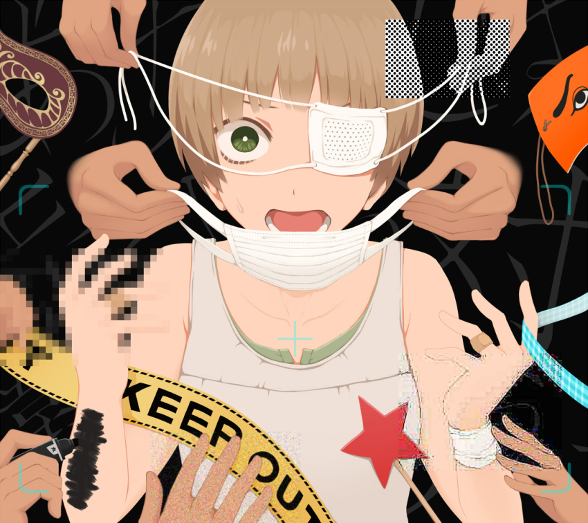 1girl bandages brown_hair caution_tape censored eyepatch green_eyes looking_at_viewer marker mask mosaic_censoring open_mouth original short_hair solo_focus star wand yajirushi_(chanoma)