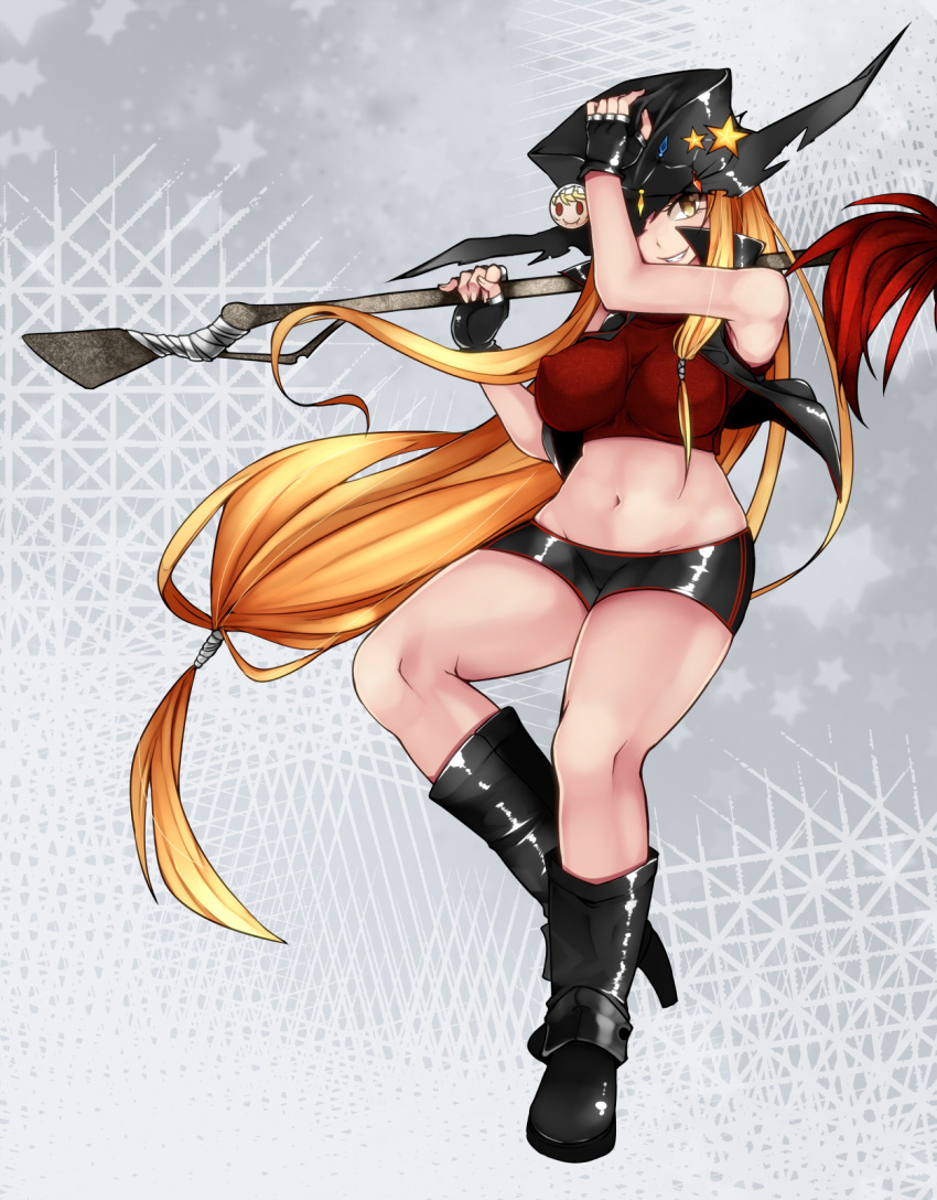 1girl alternate_costume aoshima black_gloves blonde_hair boots breasts commentary_request crop_top fingerless_gloves flandre_scarlet gloves hat highres impossible_clothes kirisame_marisa large_breasts long_hair looking_at_viewer low-tied_long_hair midriff navel open_clothes open_vest polearm short_shorts shorts smile solo touhou very_long_hair vest weapon yellow_eyes